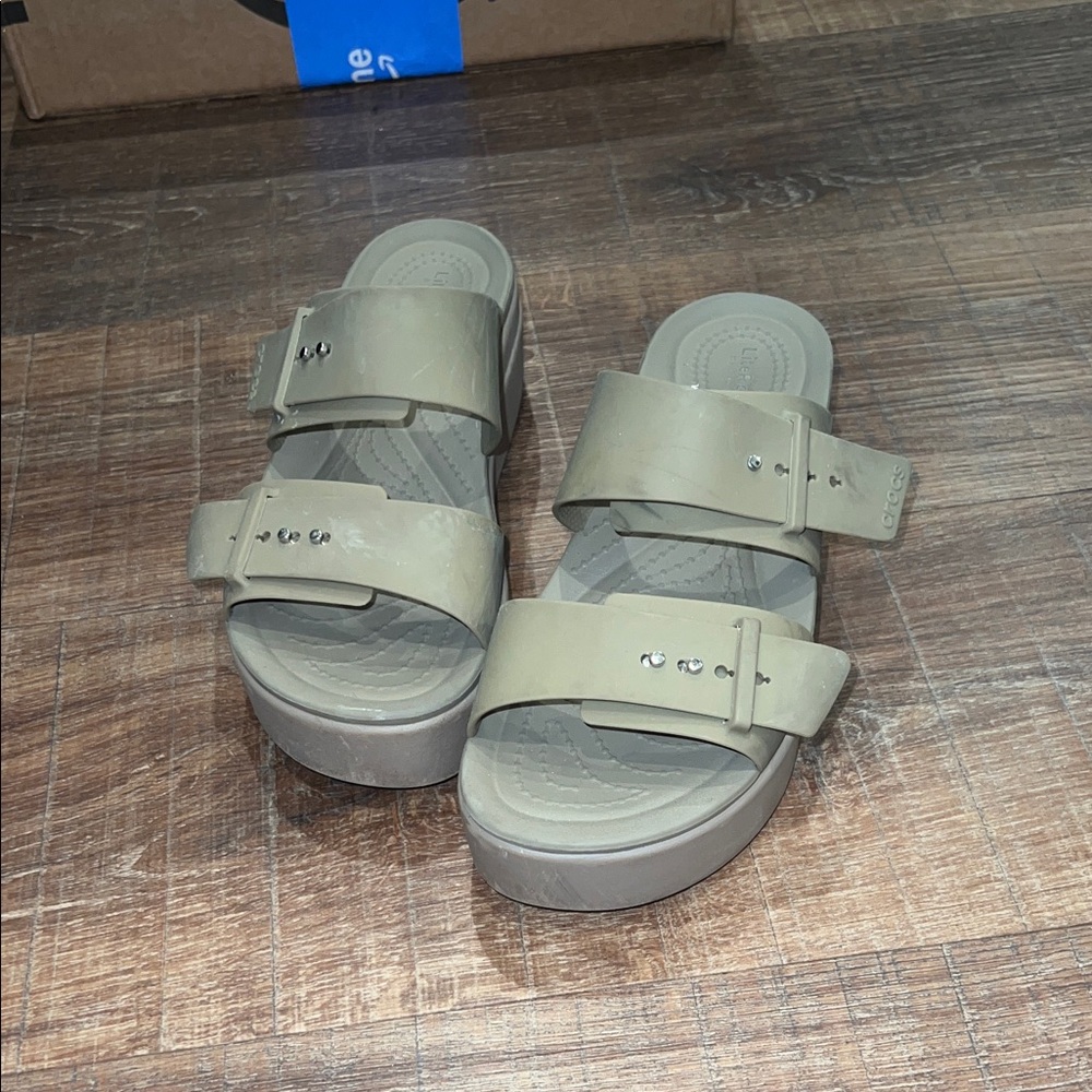 CROCS Brooklyn Buckle Tan Platform Slide Sandals
